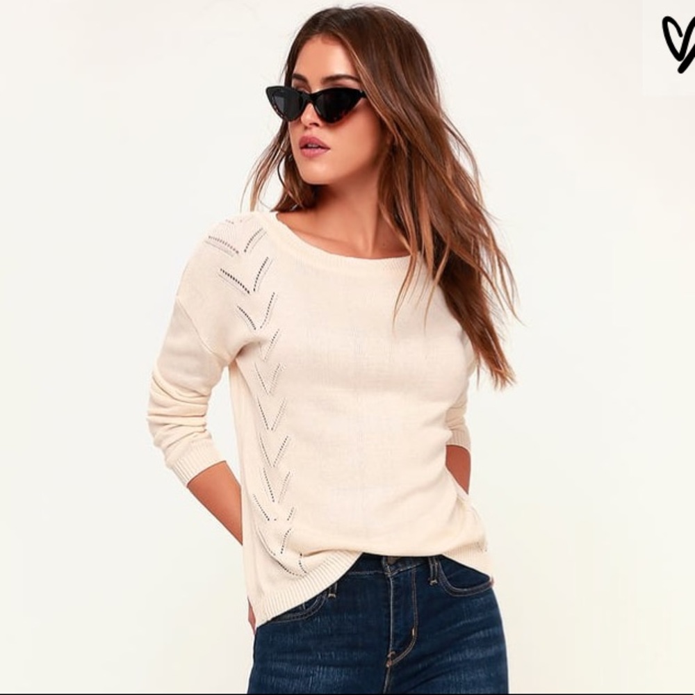 Lulu’s Pointelle Me More Cream Knit Sweater